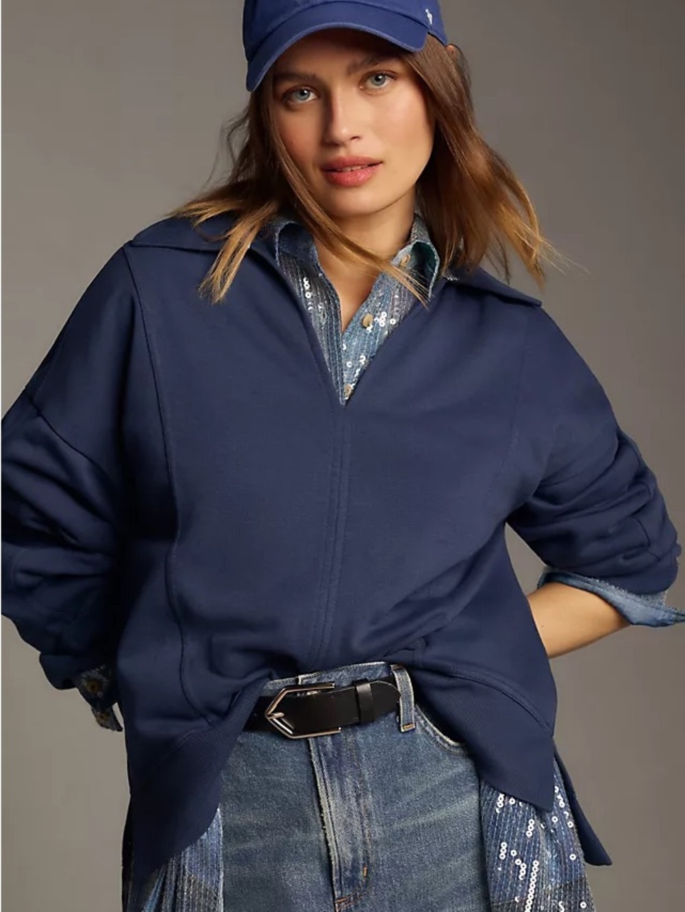 Pilcro Navy Johnny collar Pullover sweatshirt